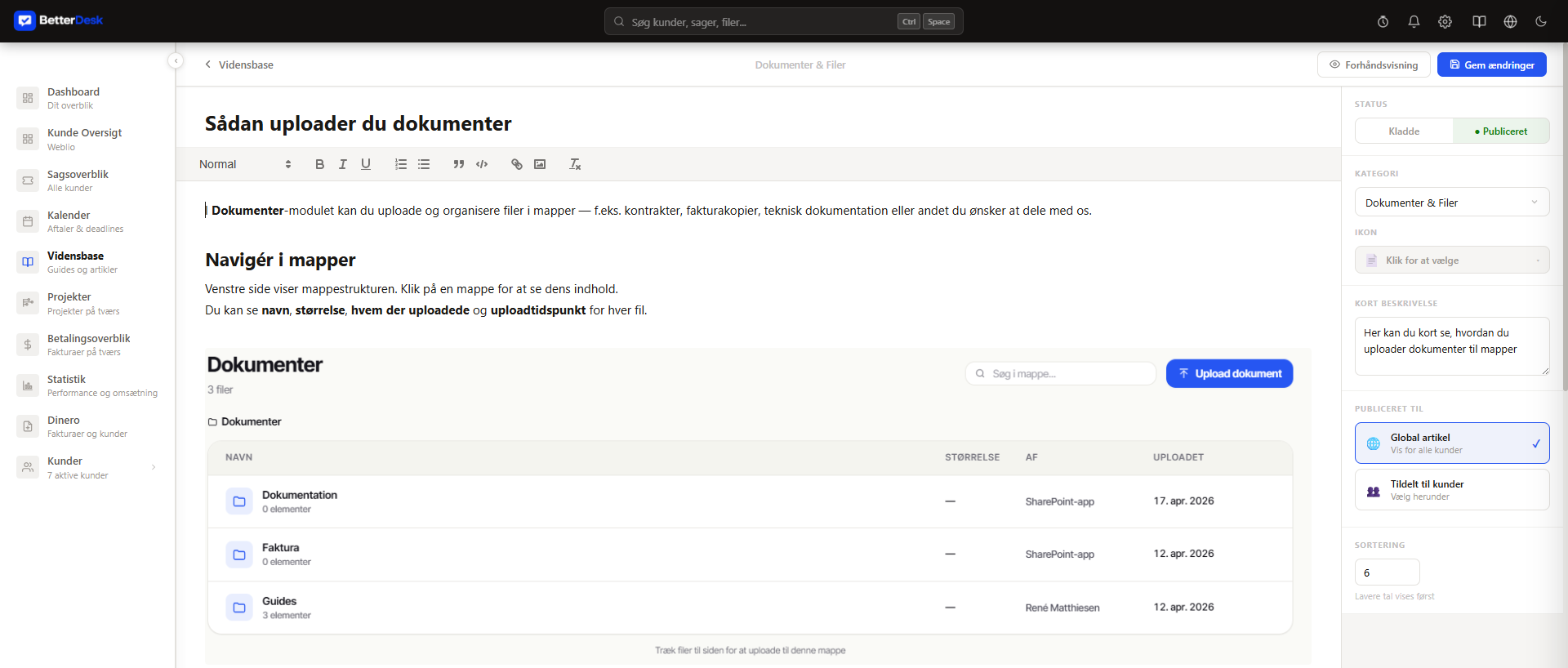 Redigering af en vidensbaseartikel i BetterDesk med tekst, billede og indstillinger